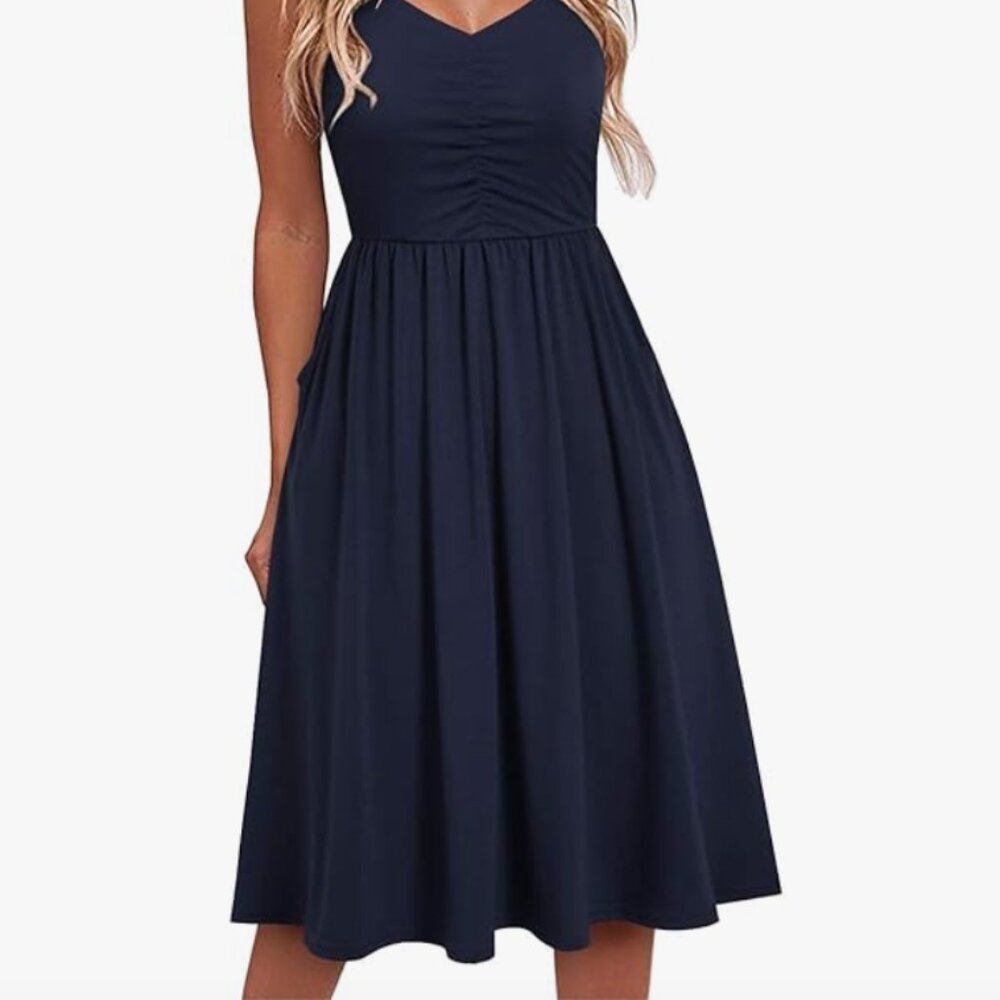 BRAND NEW - Navy Summer Spaghetti Dresses Cotton Summer Beach Dress with Pockets